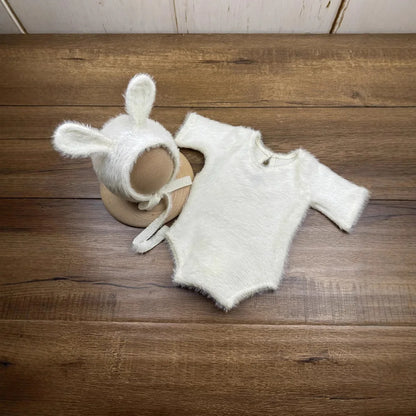 Newborn Photography Props Set – Knitted Rabbit Doll Outfit with Baby Cosplay Glasses, Cute Infant Photoshoot Accessories & Photo Studio Decor