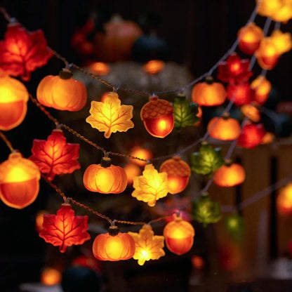 1.5M/3M Halloween LED Pumpkin String Lights – Maple Leaf & Nut Design Hanging Lights for Halloween, Thanksgiving, Christmas & Party Home Decor