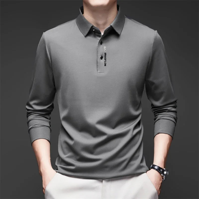 Polo à manches longues pour homme – Haut décontracté de couleur unie, respirant, confortable et tendance pour le quotidien