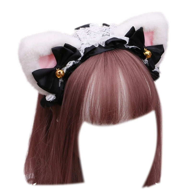 Cute Anime Lolita Cat Ear Headband, Plush Animal Ears with Ruffled Lace, Ribbon Bow and Bell, Kawaii Cosplay Hair Hoop for Masquerade, Costume Parties, and Daily Wear