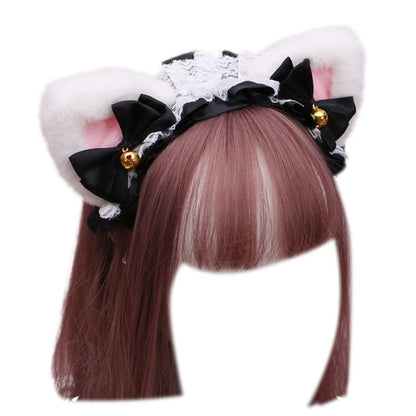 Cute Anime Lolita Cat Ear Headband, Plush Animal Ears with Ruffled Lace, Ribbon Bow and Bell, Kawaii Cosplay Hair Hoop for Masquerade, Costume Parties, and Daily Wear