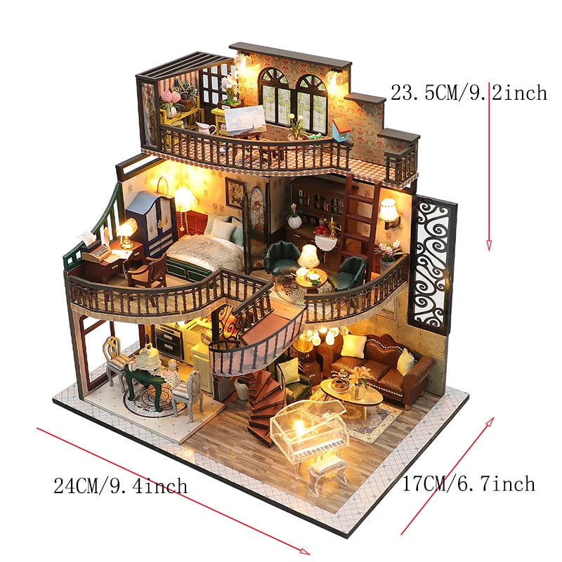 Wooden Dollhouse 3D Puzzle Kit – DIY Miniature Room Model with Furniture & LED Lights Home Decoration