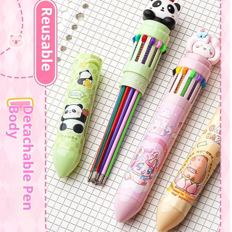 10/12-Color Kawaii Capybara Ballpoint Pen – Cute Cartoon Multicolor Writing Pen for Notes, Drawing, School Supplies & Student Gifts