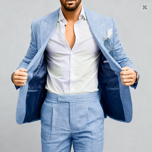 Traje de lino para hombre – Esmoquin de 2 piezas ajustado con blazer y pantalones, traje informal para boda en la playa o fiesta de graduación