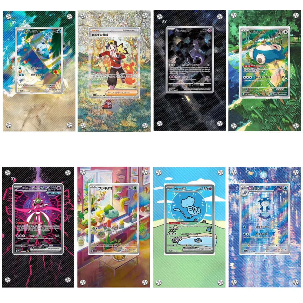 Présentoir en acrylique pour cartes Pokémon – Ronflex, Évoli, Mewtwo, Bulbizarre, Psykokwak et support de protection de style brique pour figurines
