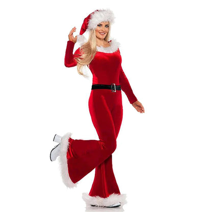Women's Christmas Costume Jumpsuit Set with Santa Hat, Cute Long Sleeve Flared Leg Holiday Outfit, Santa Claus Cosplay Costume for Christmas Parties, Role-Playing Events and Festive Celebrations