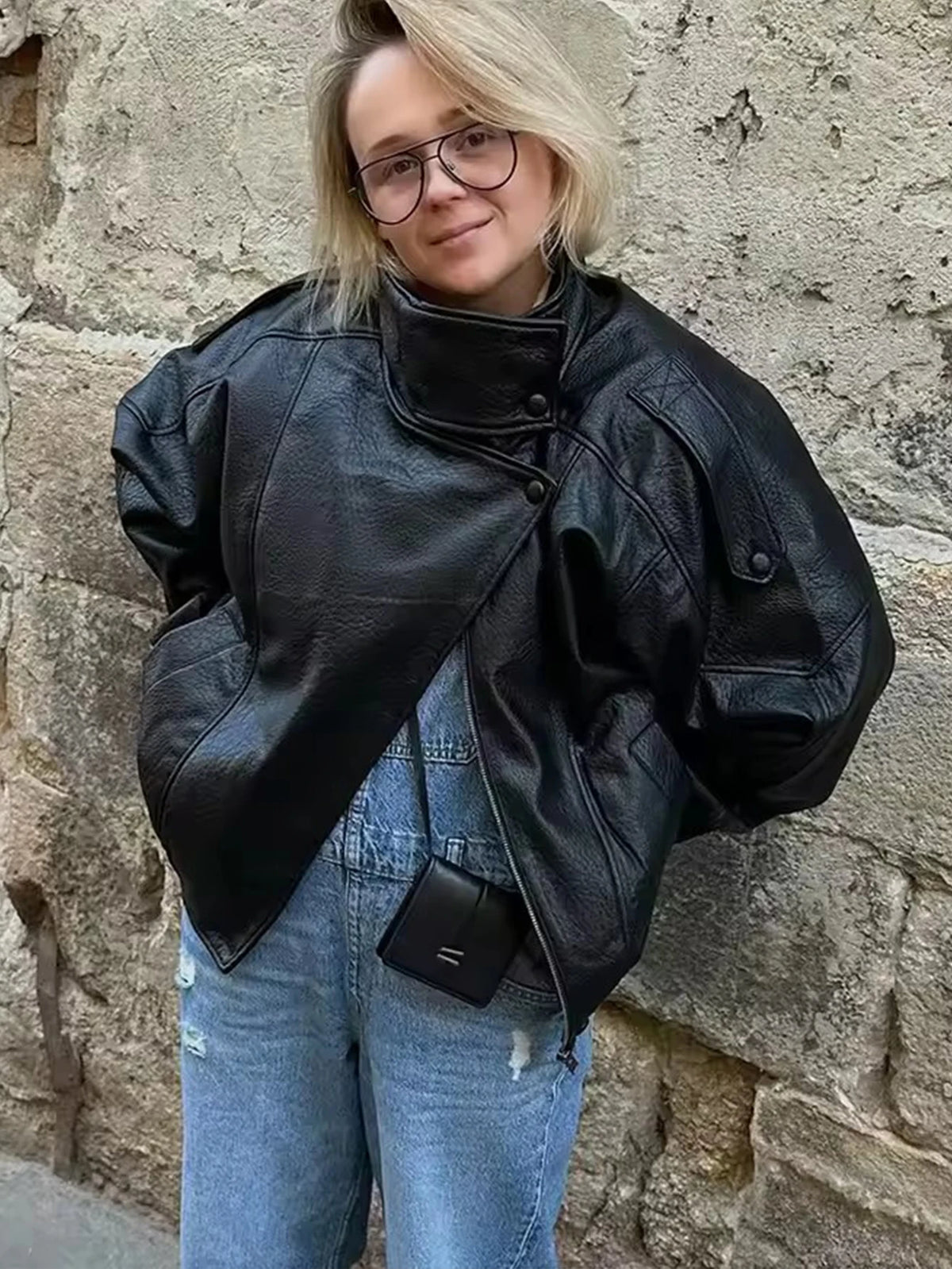 TFMLN Women’s Black Faux Leather Jacket – Oversized Long-Sleeve Button-Up Coat, Elastic-Fit Fashion Outerwear for Autumn & Winter Streetwear