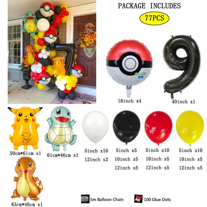 77pcs Pokémon Pikachu & Squirtle Balloon Garland Set – Red, Black & Yellow Latex Balloons for Kids Birthday Party & Baby Shower Decorations