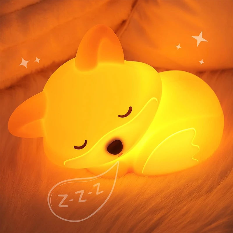 Cute Fox Silicone Night Light – Squishy Rechargeable Touch Lamp with Dimmable Brightness & Timer, Cozy Bedside Nursery Gift