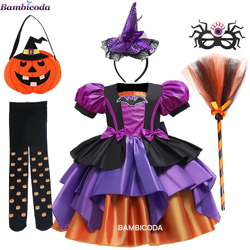 Girls Pumpkin Halloween Costume Dress – Fancy Bat Print Witch Princess Ball Gown for Cosplay, Festival & Party