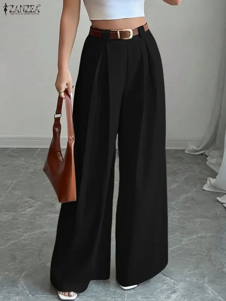 2025 ZANZEA Women's High-Waist Wide-Leg Trousers – Elegant Pleated Palazzo Pants for Office, Work, Autumn & Casual Streetwear
