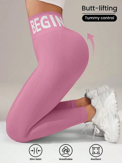 Seamless Yoga Leggings – High-Waist Butt-Lifting Quick-Dry Breathable Workout Tights with Lettering Print for Women