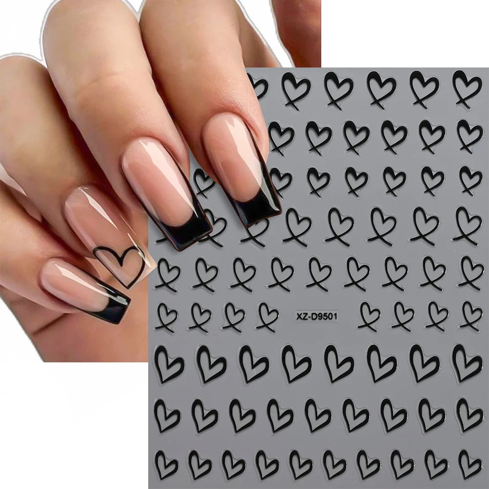 8-Sheet 3D Heart Nail Stickers – Cute Pink Black White Gold Self-Adhesive Nail Art Decals (8×10cm)