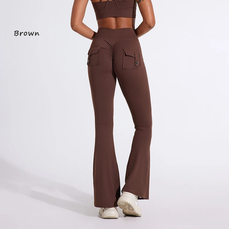 DIAS FIT JOY Pantalon de yoga évasé taille haute pour femme – Legging patte d'éléphant push-up avec poches, pantalon d'entraînement à séchage rapide pour la course, la gym, le fitness et l'exercice
