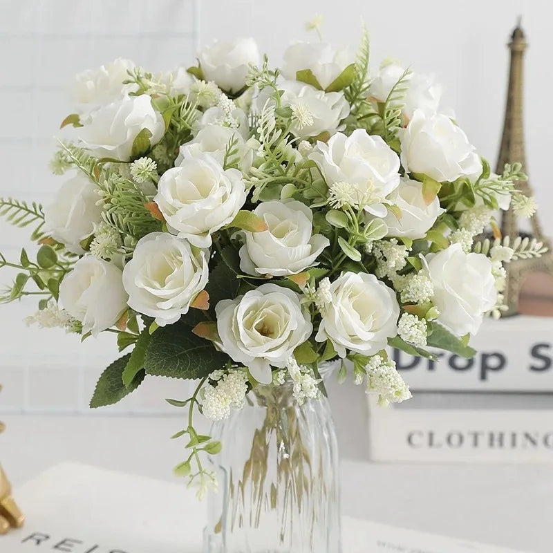 Ramo de Rosas Peonías Blancas Artificiales de 30cm – Flores Falsas de Seda con 5 Flores Grandes y 4 Capullos para Ramos de Novia, Decoración del Hogar y Arreglos Florales