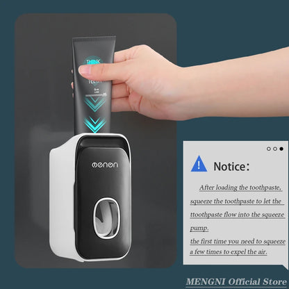 Dispensador de pasta de dientes MENGNI – Exprimidor de pasta dental montado en la pared para baño, soporte para cepillo de dientes sin taladros, organizador manual de bomba de pasta de dientes para almacenamiento y uso diario en el baño