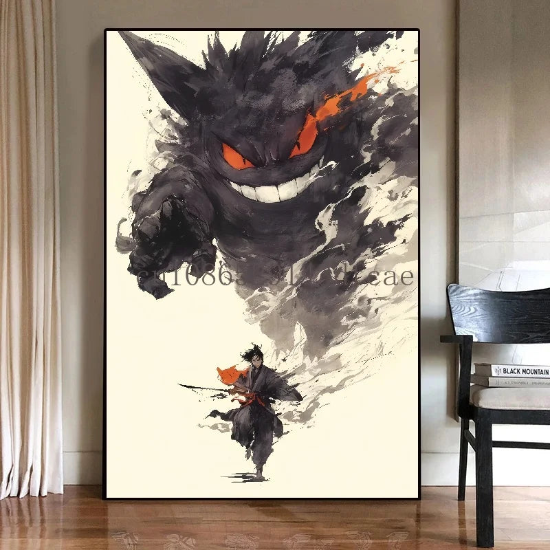 Pokémon Canvas Wall Art – Gengar Anime Ink Painting Poster Print for Living Room & Kids Room Decor