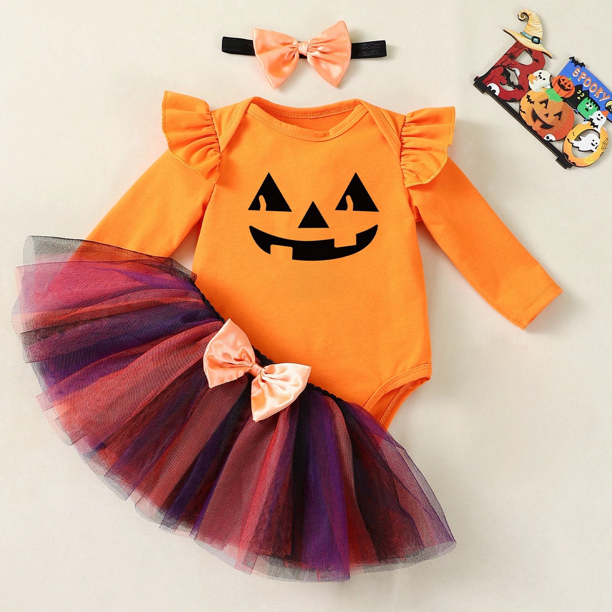 My First Halloween Baby Girl Costume – Long-Sleeve Ghost Bodysuit with Tutu Skirt, Bow Headband, 0–3M Infant Outfit