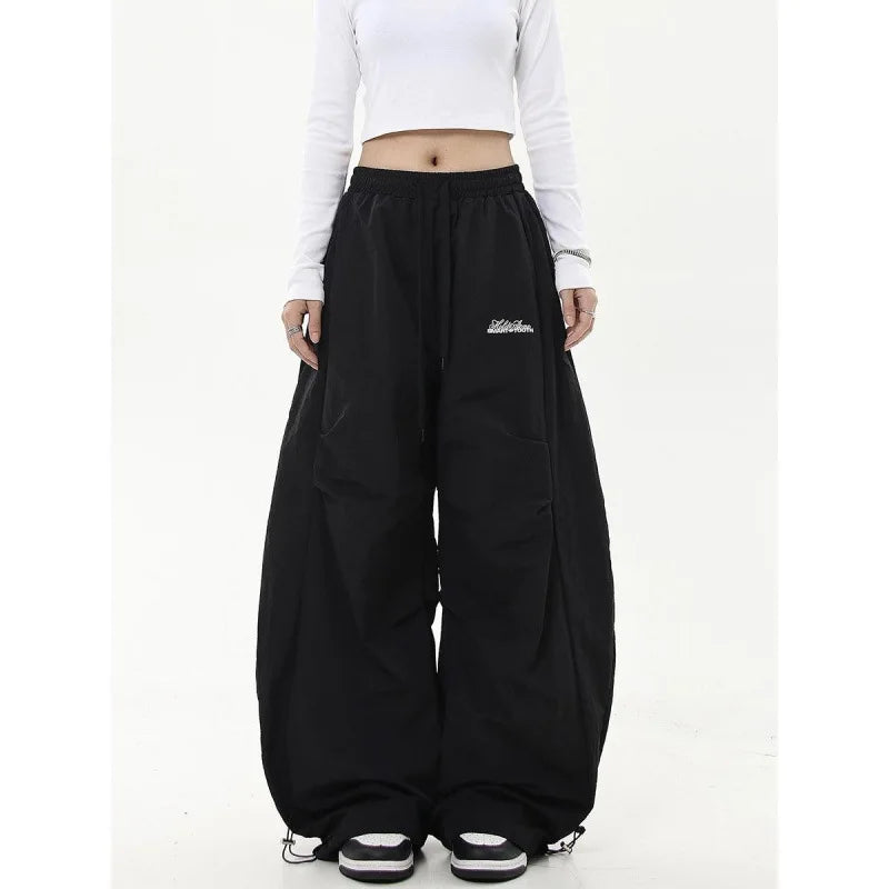 American Retro Hip-Hop Cargo Pants – High-Waist Pleated Military Workwear Trousers with Adjustable Drawstring