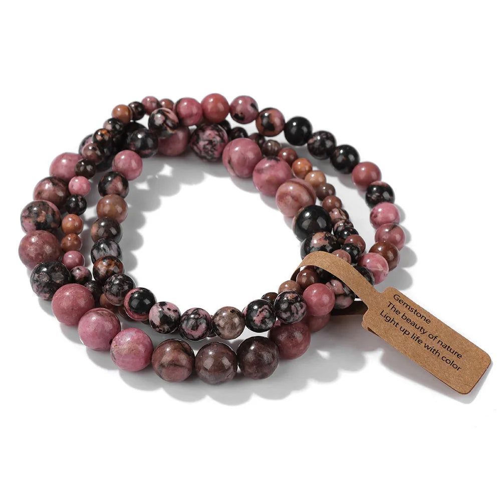 Set de 3 Pulseras de Cuentas de Piedra Natural – Agate Musgoso Indio, Rodonita y Cuarzo Cristal de 4mm/6mm/8mm para Hombres y Mujeres