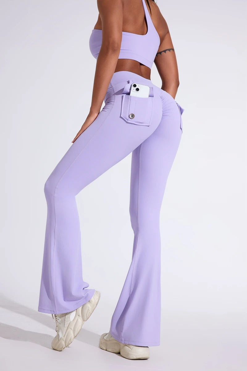 DIAS FIT JOY Pantalon de yoga évasé taille haute pour femme – Legging patte d'éléphant push-up avec poches, pantalon d'entraînement à séchage rapide pour la course, la gym, le fitness et l'exercice