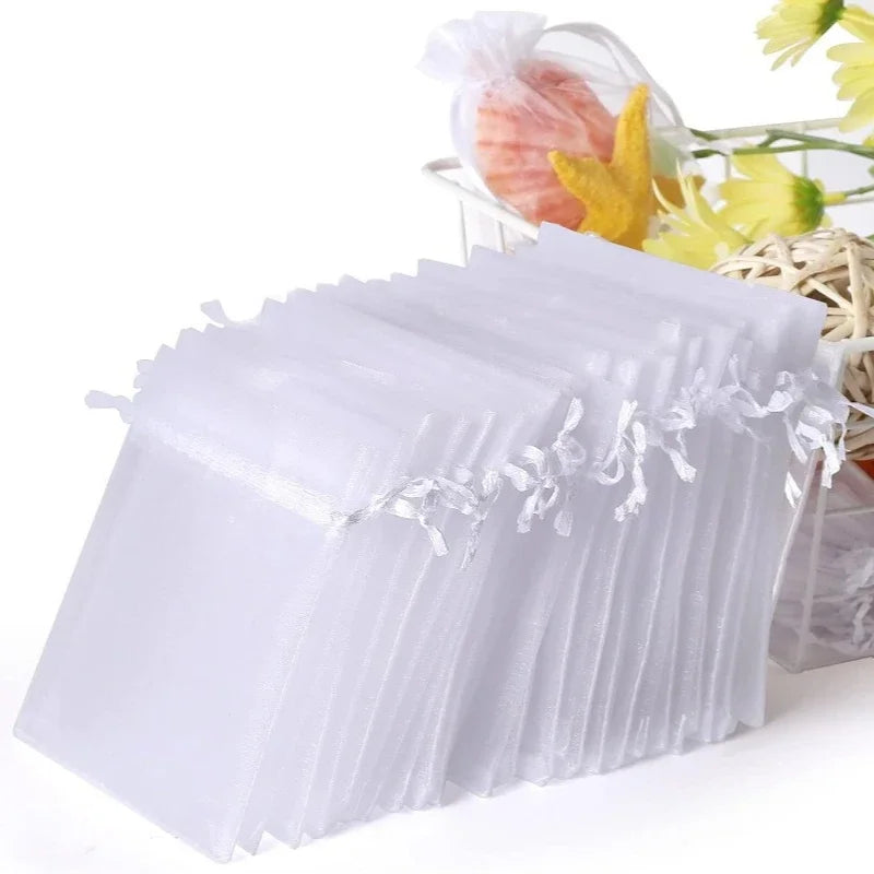Bolsas de regalo de organza blanca de 20 a 100 unidades – Bolsas de joyería con cordón para recuerdos de boda, regalos de Navidad, empaques de dulces y accesorios para fiestas