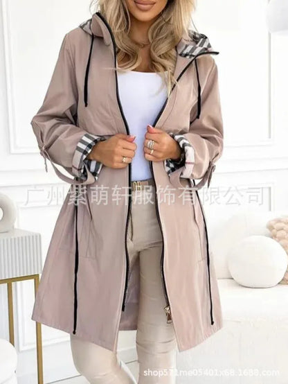 Women’s Hooded Plaid Trench Coat – Long-Sleeve Casual Cardigan Jacket, Solid Color Streetwear Outerwear for Autumn & Winter