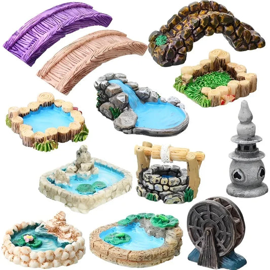 Accesorios en miniatura para jardines de hadas – Farol vintage, pozo de agua y figuras de puente para decoración de jardín DIY, escenas de casa de muñecas, macetas y adornos artesanales
