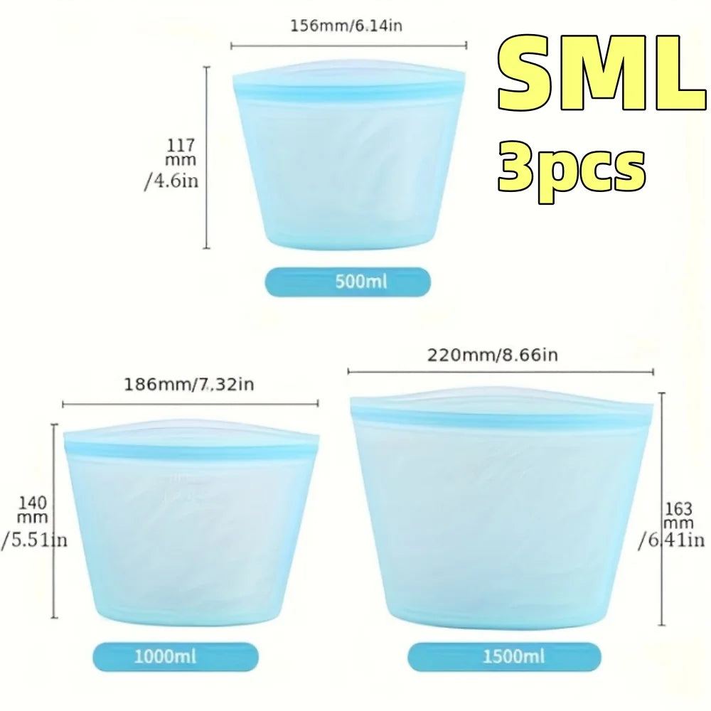 1/3PCS Reusable Silicone Food Storage Bags – Leakproof Ziplock Containers for Fridge & Freezer, Fresh-Keeping Kitchen Organizer Bags
