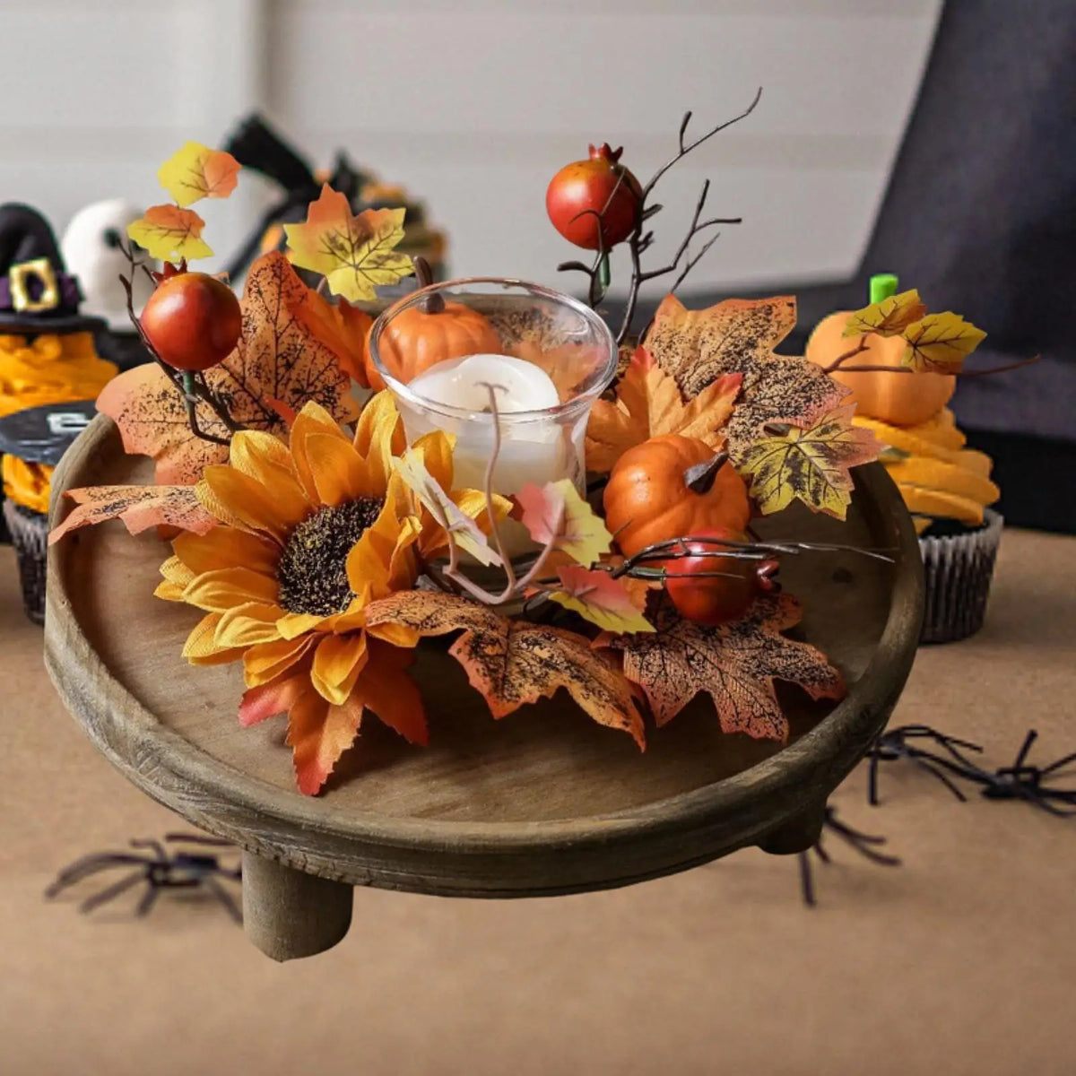 Artificial Maple Leaf Candle Ring Wreath – Rustic Fall Floral Ornament for Party, Living Room, Festival Table & Farmhouse Home Decor