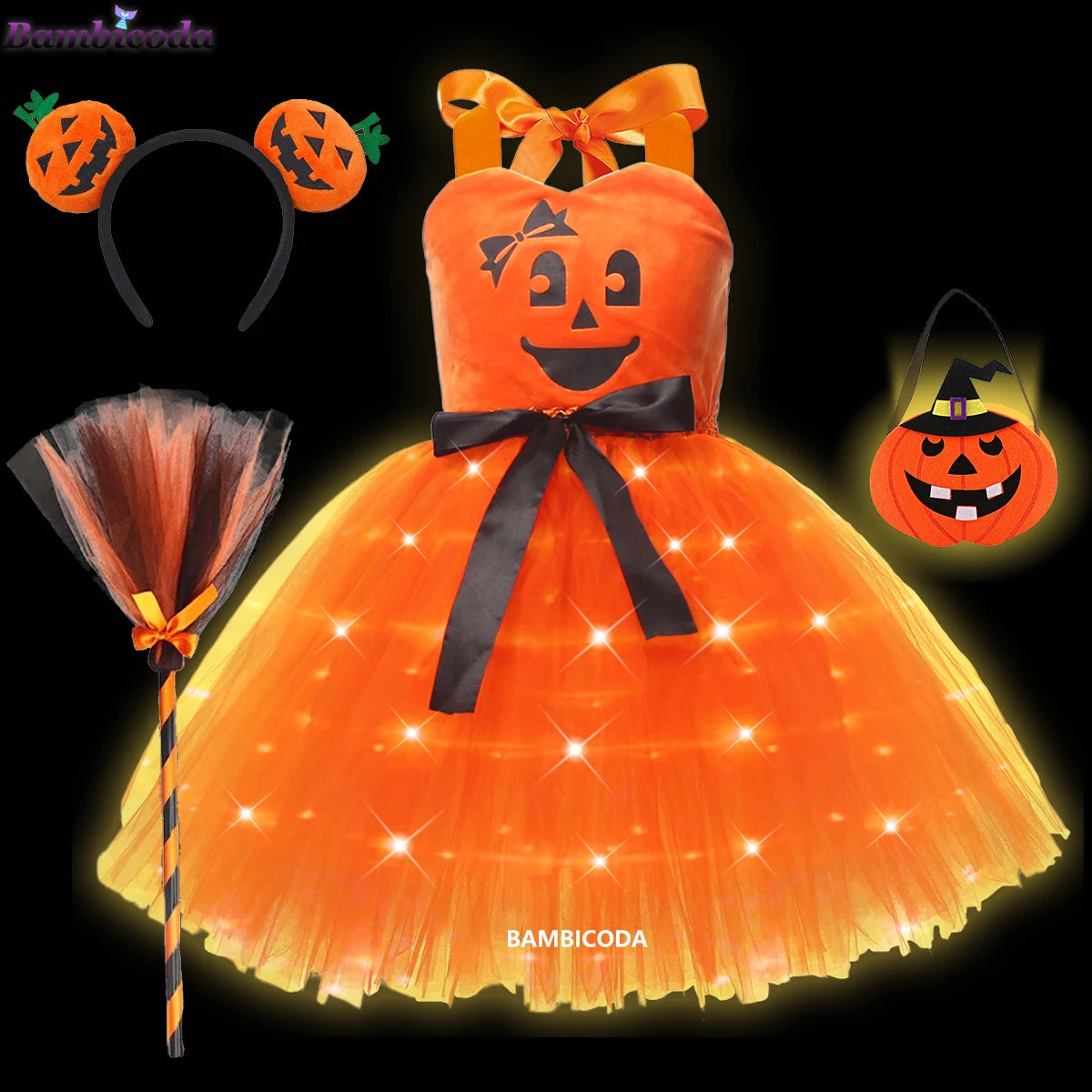Girls LED Light-Up Witch Costume Dress – Halloween Vampire Cosplay Outfit for Carnival, Masquerade, Performance & Pumpkin Parties