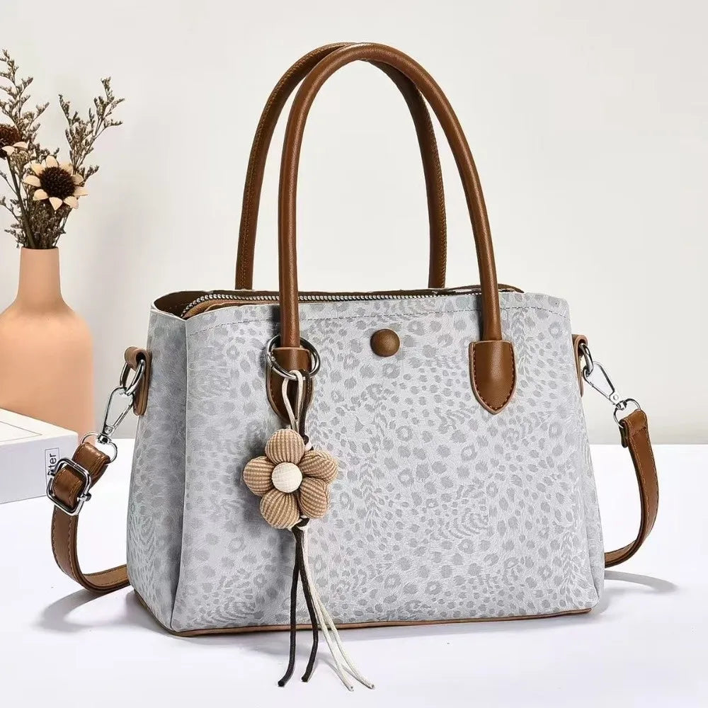 Women's PU Leopard Print Handbag – Large-Capacity Multi-Layer Shoulder & Hand Carry Bag with Textured Finish and Pendant Detail