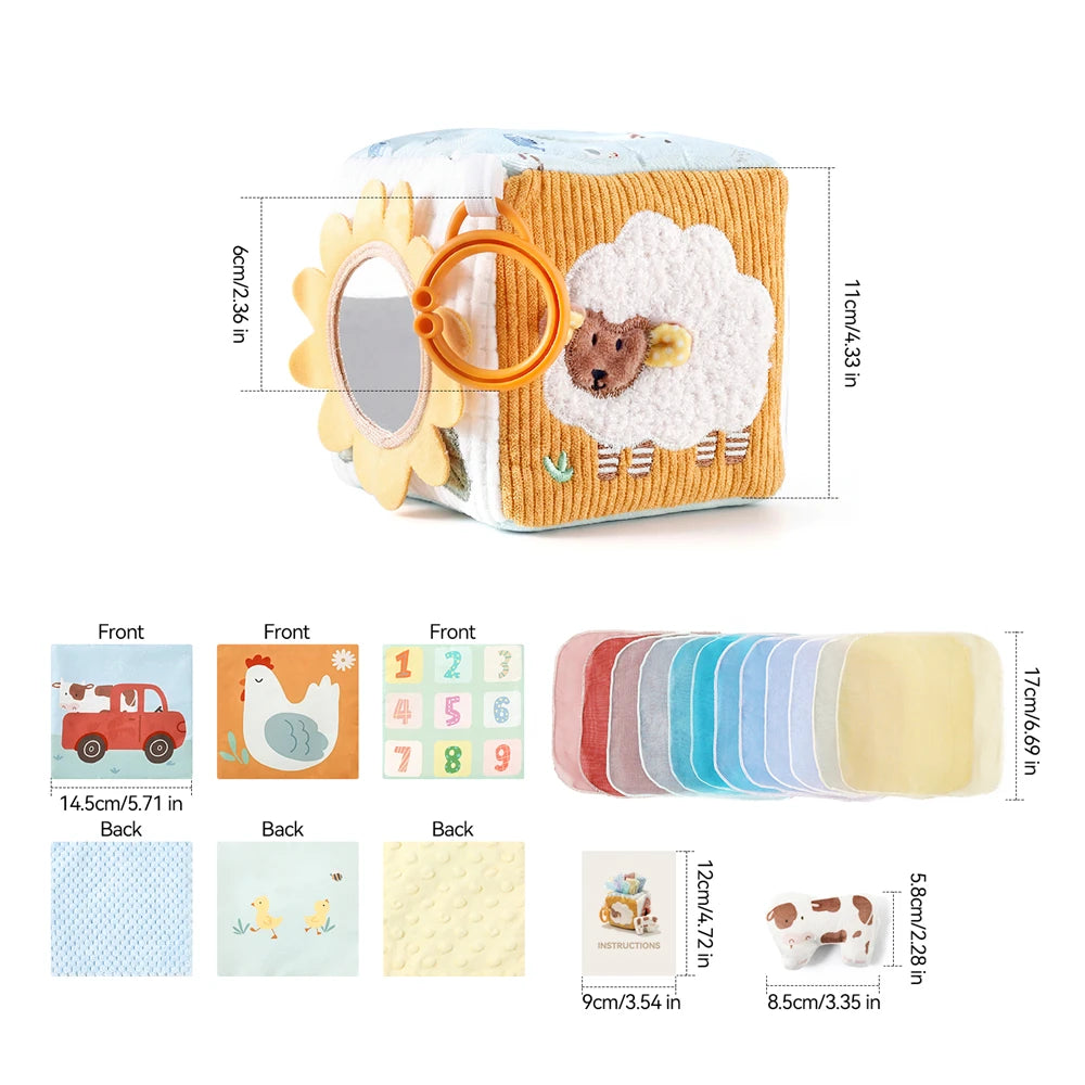 Soft Baby Tissue Box Cloth Book – Plush Sensory Security Blanket Cube with Crinkle Sounds & Mirror, Fine Motor Activity Toy, 9 Styles