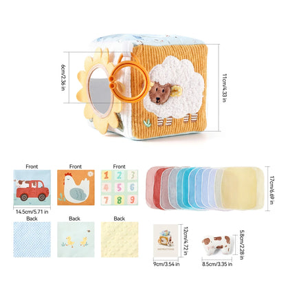 Soft Baby Tissue Box Cloth Book – Plush Sensory Security Blanket Cube with Crinkle Sounds & Mirror, Fine Motor Activity Toy, 9 Styles