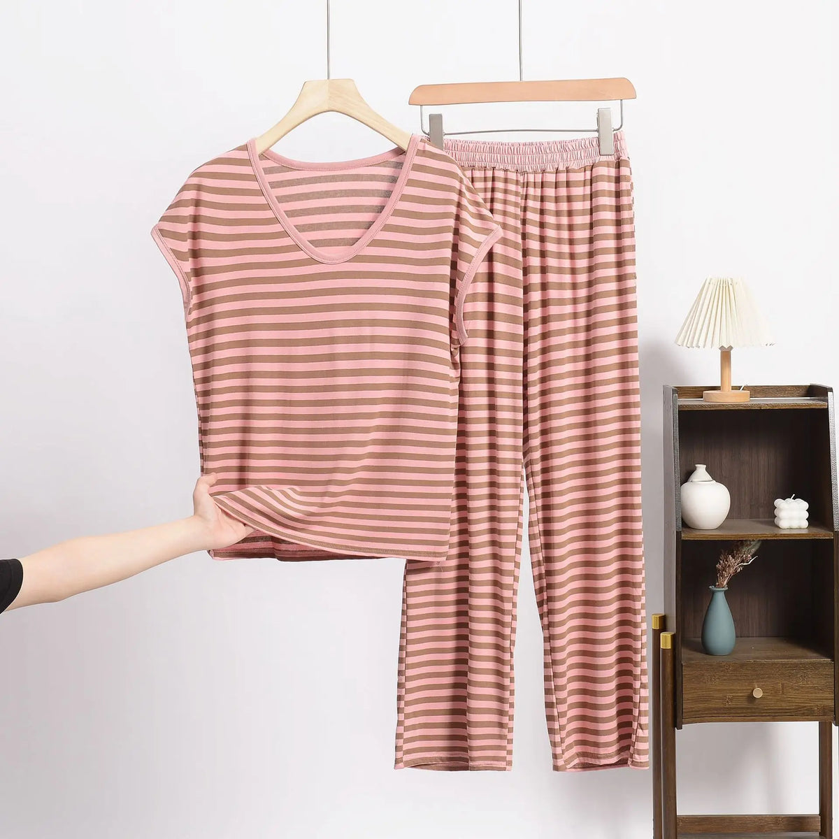 XL-8XL Plus Size Modal Pajama Set – 2PCS Short-Sleeve Striped T-Shirt & Pants, Lightweight Summer Loungewear for Home & Sleep