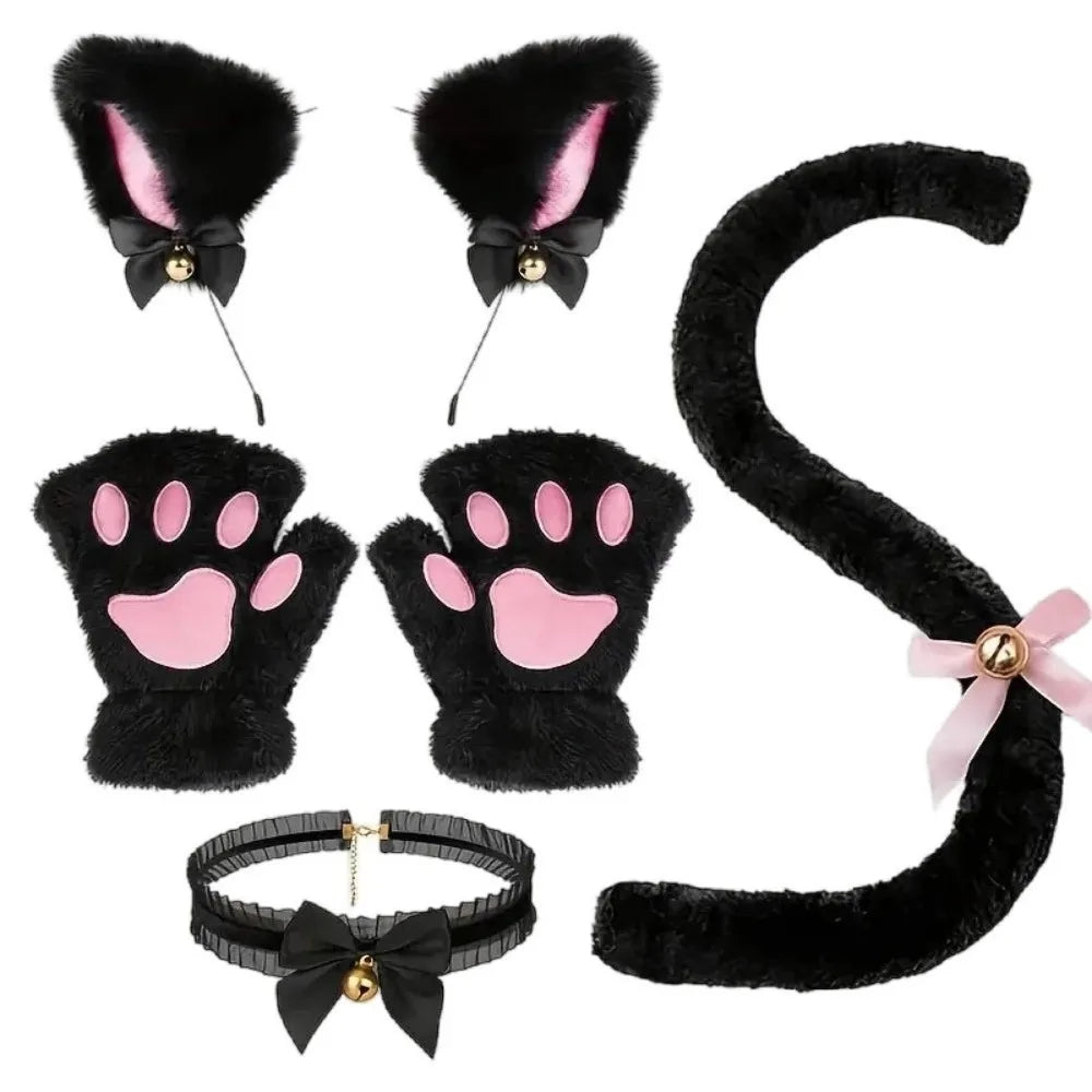 Cute Cat Woman Cosplay Accessories Set, Cat Ears Headband with Lolita Bow and Cat Paw Gloves, Kawaii Anime Costume Headwear for Girls, JK Fashion, Halloween, and Dress-Up Parties