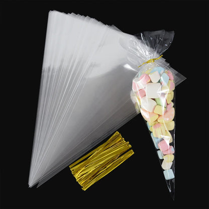 50 bolsas de celofán transparentes con forma de cono – Bolsas de plástico transparentes para palomitas, dulces, baby shower, regalos de boda y empaques de regalo