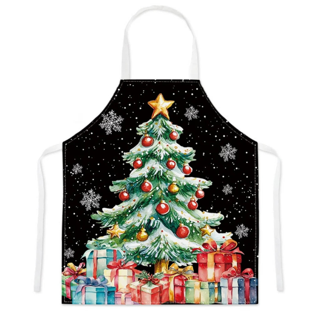 Christmas Cartoon Apron – Santa Claus, Deer & Xmas Tree Print Oil & Dustproof Parent-Child Apron for Kitchen, Baking & Cooking