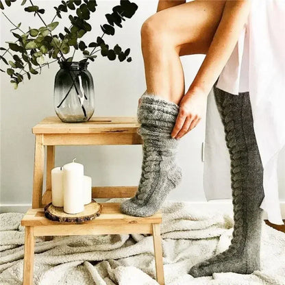 Women’s Winter Over-the-Knee Leg Warmers – Twist Knit Long Knee-High Stacked Socks, Warm Wool-Style Fashion Socks