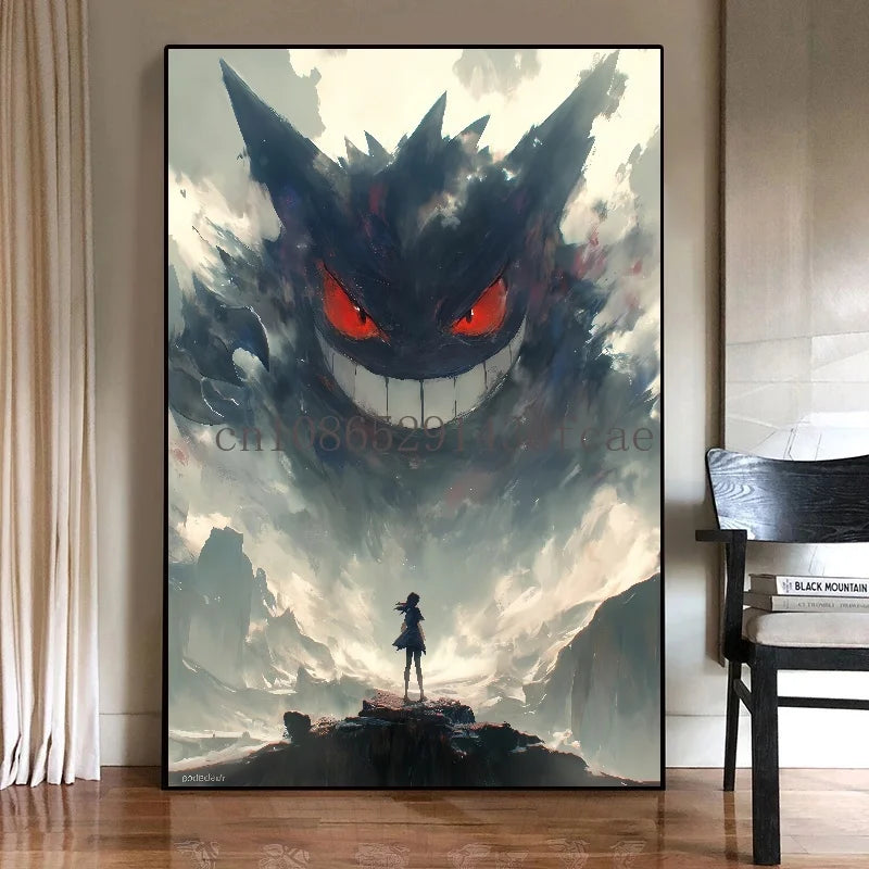 Pokémon Canvas Wall Art – Gengar Anime Ink Painting Poster Print for Living Room & Kids Room Decor
