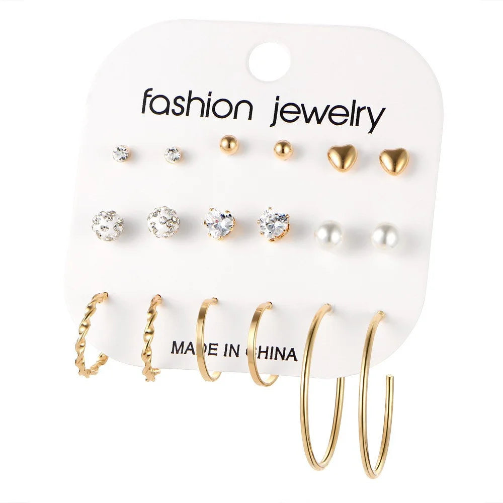 Boucles d'oreilles créoles dorées grand cercle pour femmes, ensemble bohème vintage, perle, cœur, zircon, clous, bijoux cadeau