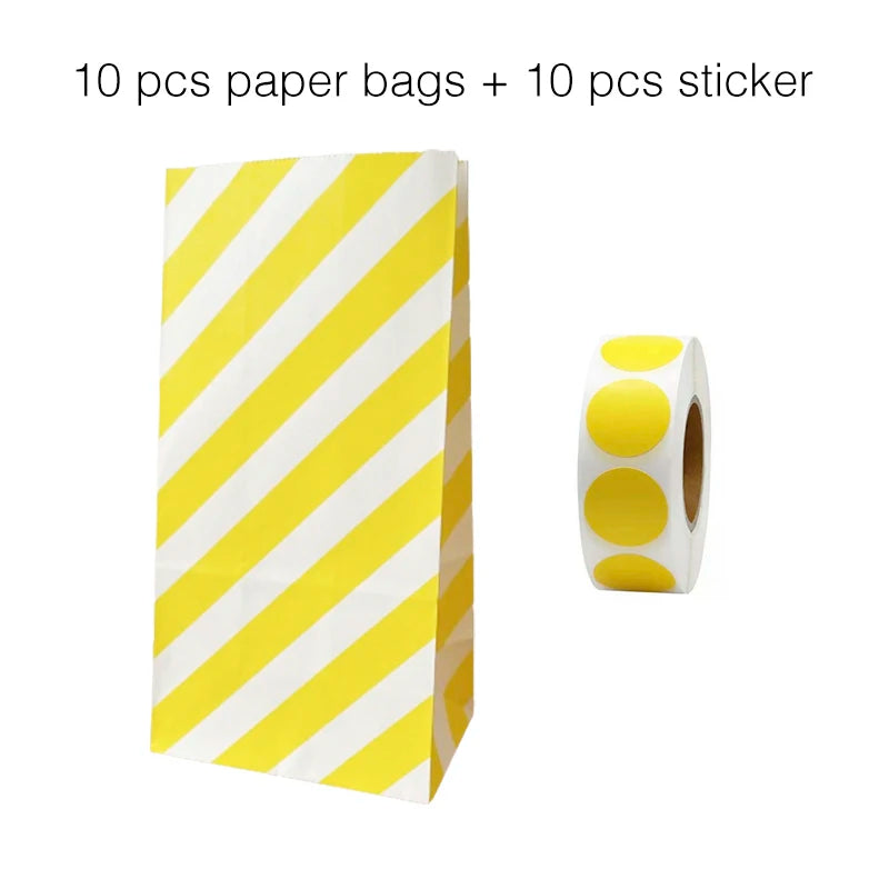 10PCS Stand-Up Colorful Gift Bags with Stickers – Solid, Striped & Polka Dot Treat Bags for Wedding, Birthday & Party Favors (18×9×6cm)
