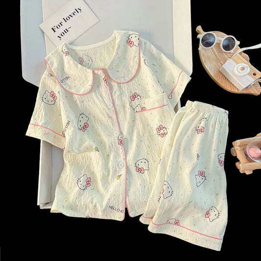 Conjunto de pijama de algodón para niñas – Pijama de manga corta con botones de algodón suave con ribete de encaje para verano