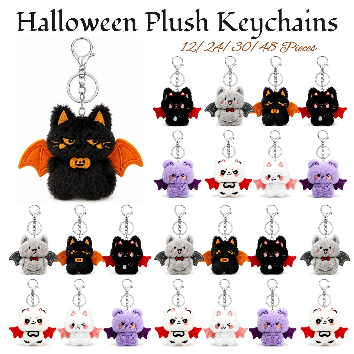 12-48PCS Halloween Plush Bat Keychains Bulk, 3.5 Inch Cute Bat Bag Charms, Trick or Treat Gifts, Halloween Goodie Bag Fillers, Party Favors, Classroom Prizes for Kids