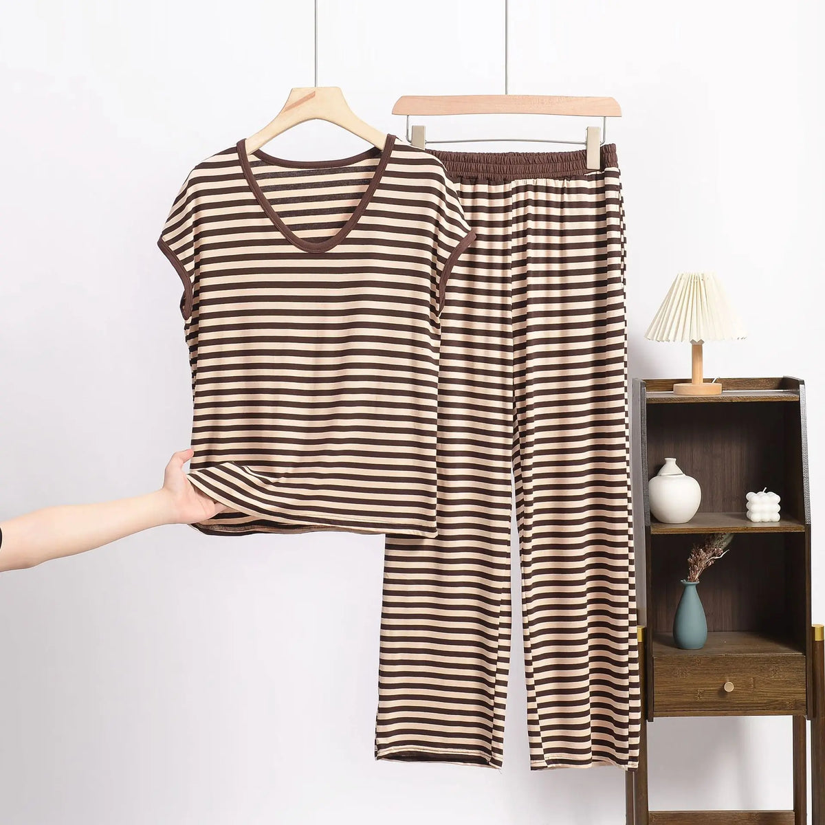 XL-8XL Plus Size Modal Pajama Set – 2PCS Short-Sleeve Striped T-Shirt & Pants, Lightweight Summer Loungewear for Home & Sleep