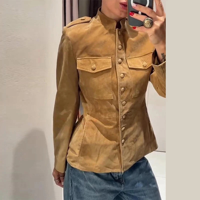 Women’s Vintage Suede Short Coat – Elegant Lace-Up Belted Jacket with Stand Collar, Single-Breasted Closure & Long Sleeves