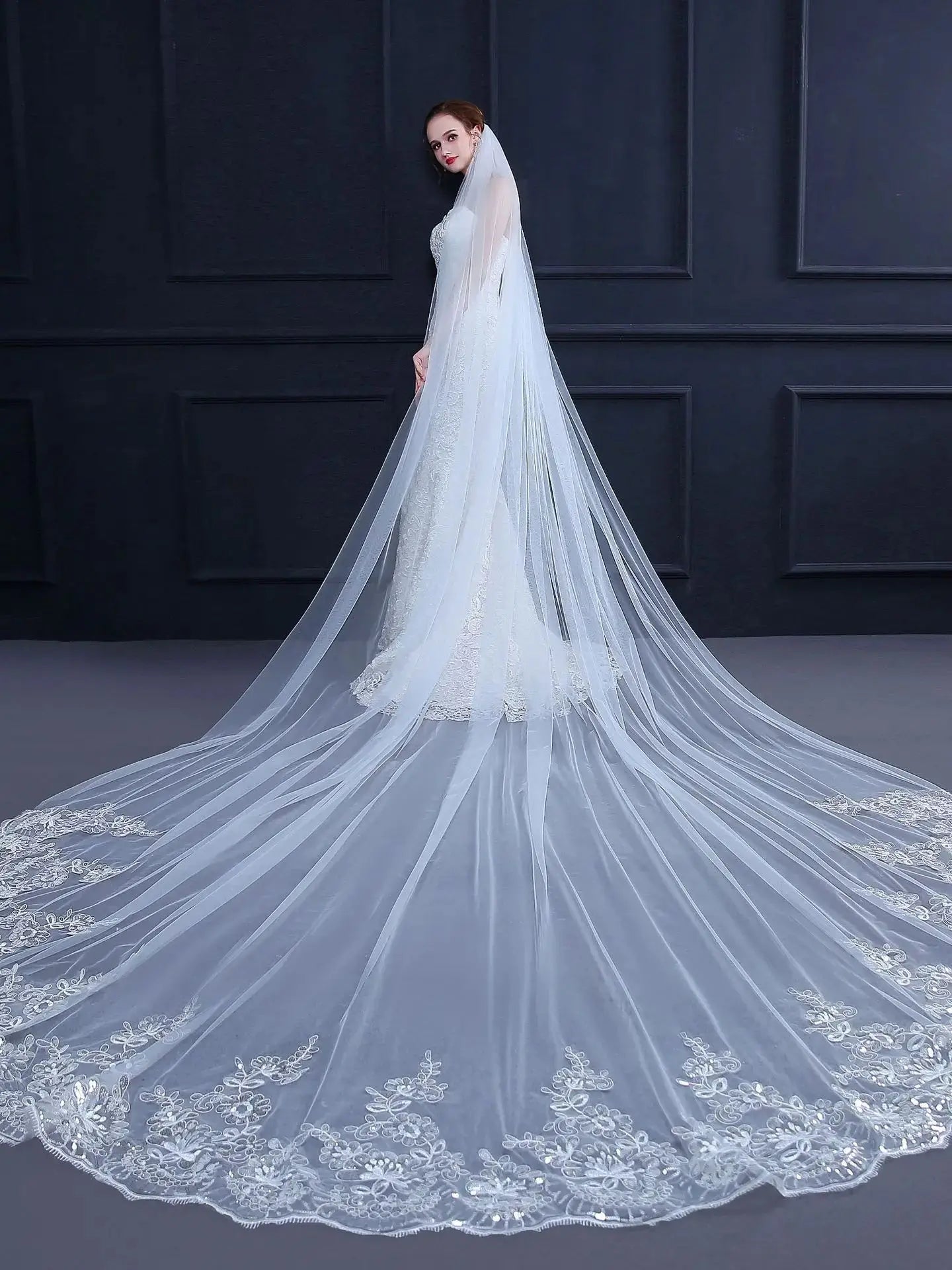 Luxury Cathedral Wedding Veil – Long Lace Edge Bridal Veil with Appliqué Sequins | White/Ivory One-Layer Veil with Comb for Bride