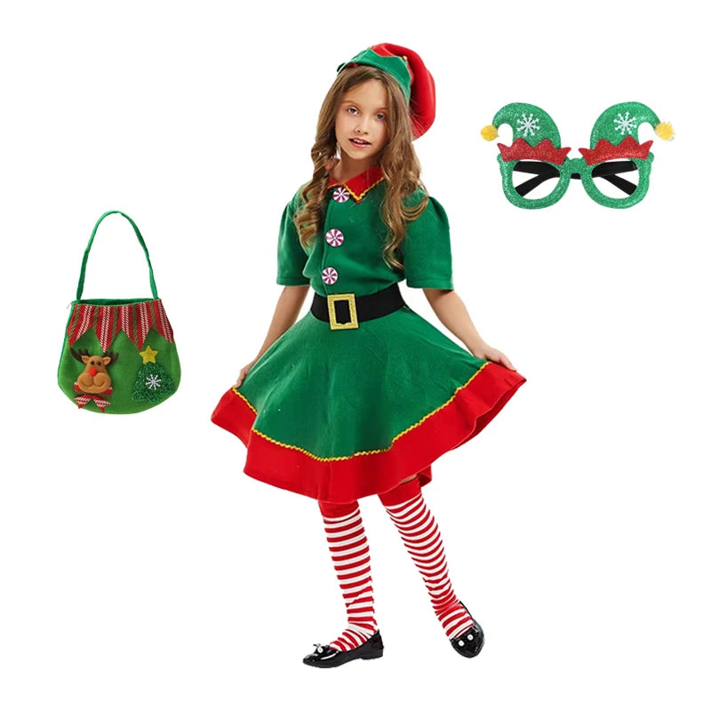 Kids Green Christmas Elf Costume Set, Boys and Girls Santa Claus Cosplay Fancy Dress, Festive Holiday Outfit for Xmas Parties, Carnival Events, Halloween and Christmas Celebrations