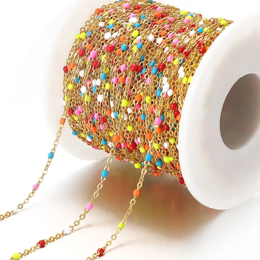 Cadena de eslabones de cuentas de esmalte dorado de acero inoxidable de 2M – Cadena DIY de aceite de goteo para collares, pulseras y suministros de fabricación de joyas