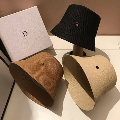Japanese Designer M Straw Woven Summer Sun Hat for Women Casual Travel Panama Bucket Hat Sunscreen Slim-Face Luxury